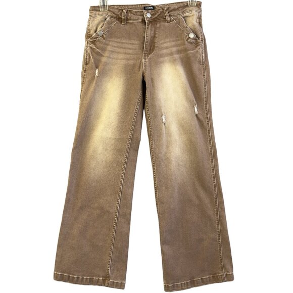FLAMINGALS Brown Wide Leg Jeans Women’s Size Large Stretch Denim Distressed - Picture 1 of 15
